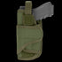 The Condor VT Holster - Left Hand in Olive Drab secures a black pistol with a strap and Velcro closure.